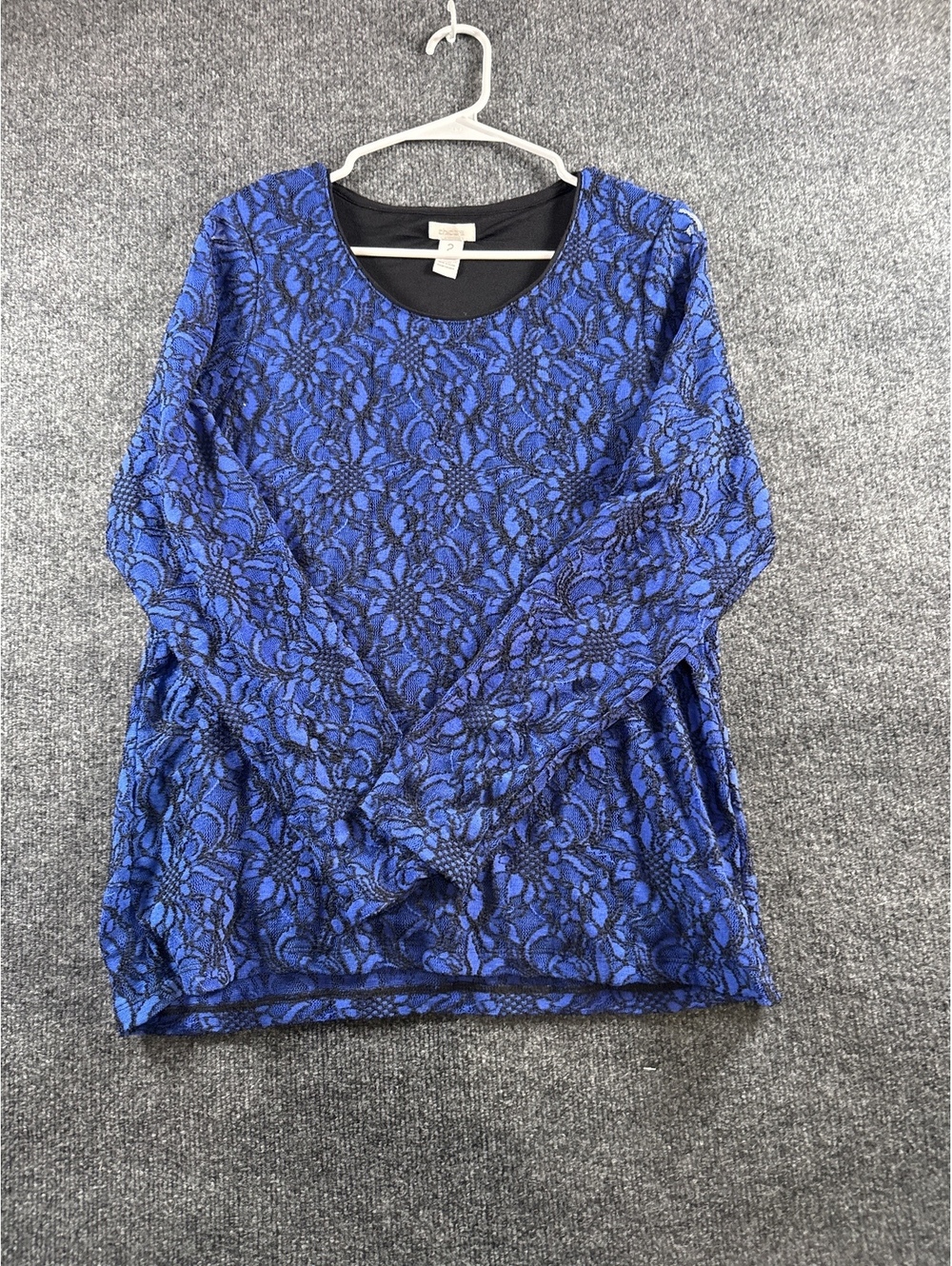 Chicos Womens Size 2 Blue Black Floral Lace Long Sleeve Tunic Blouse Top